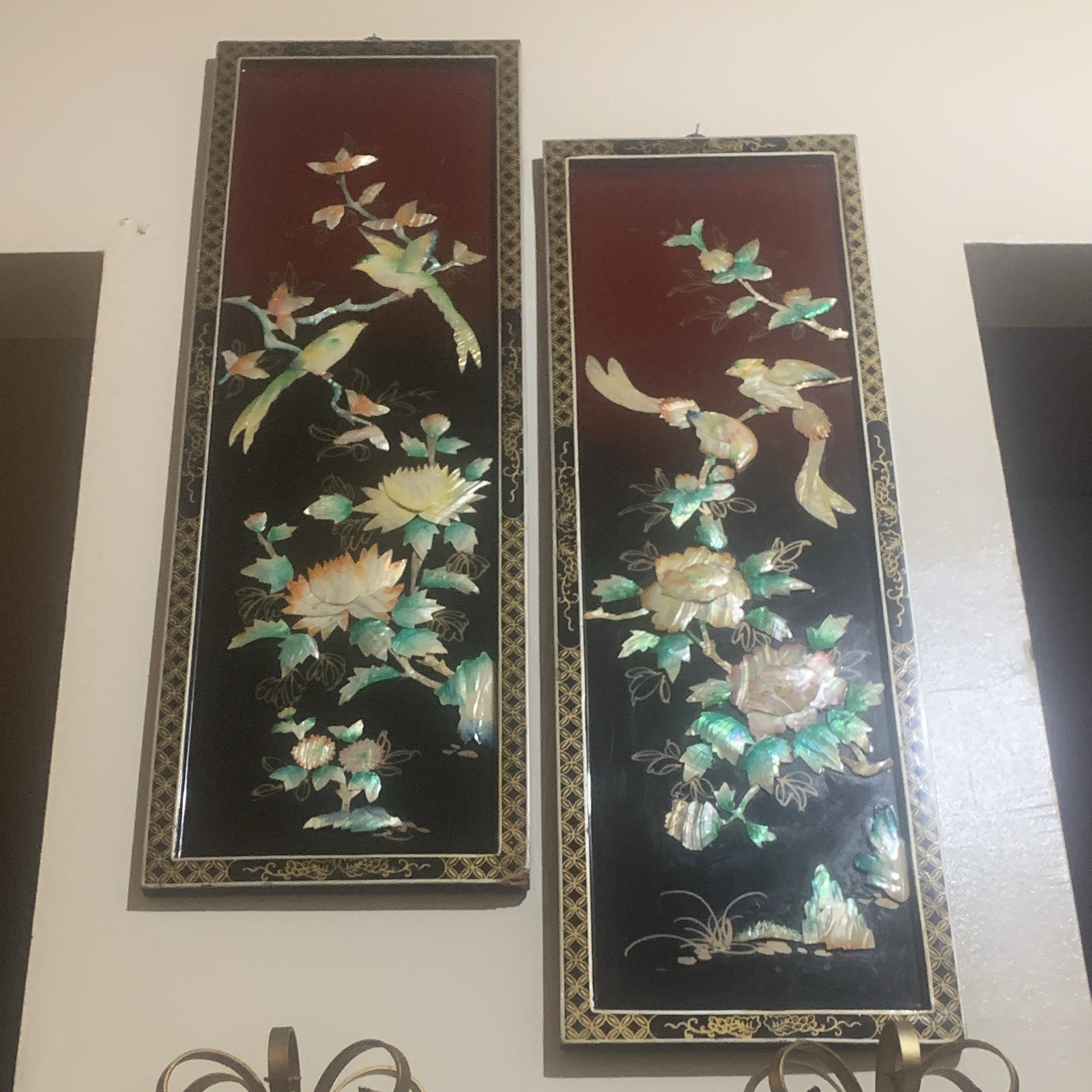 Vintage Chinese Lacquer Wall Panels Pair, Mother-of-Pearl Inlay Birds & 💐