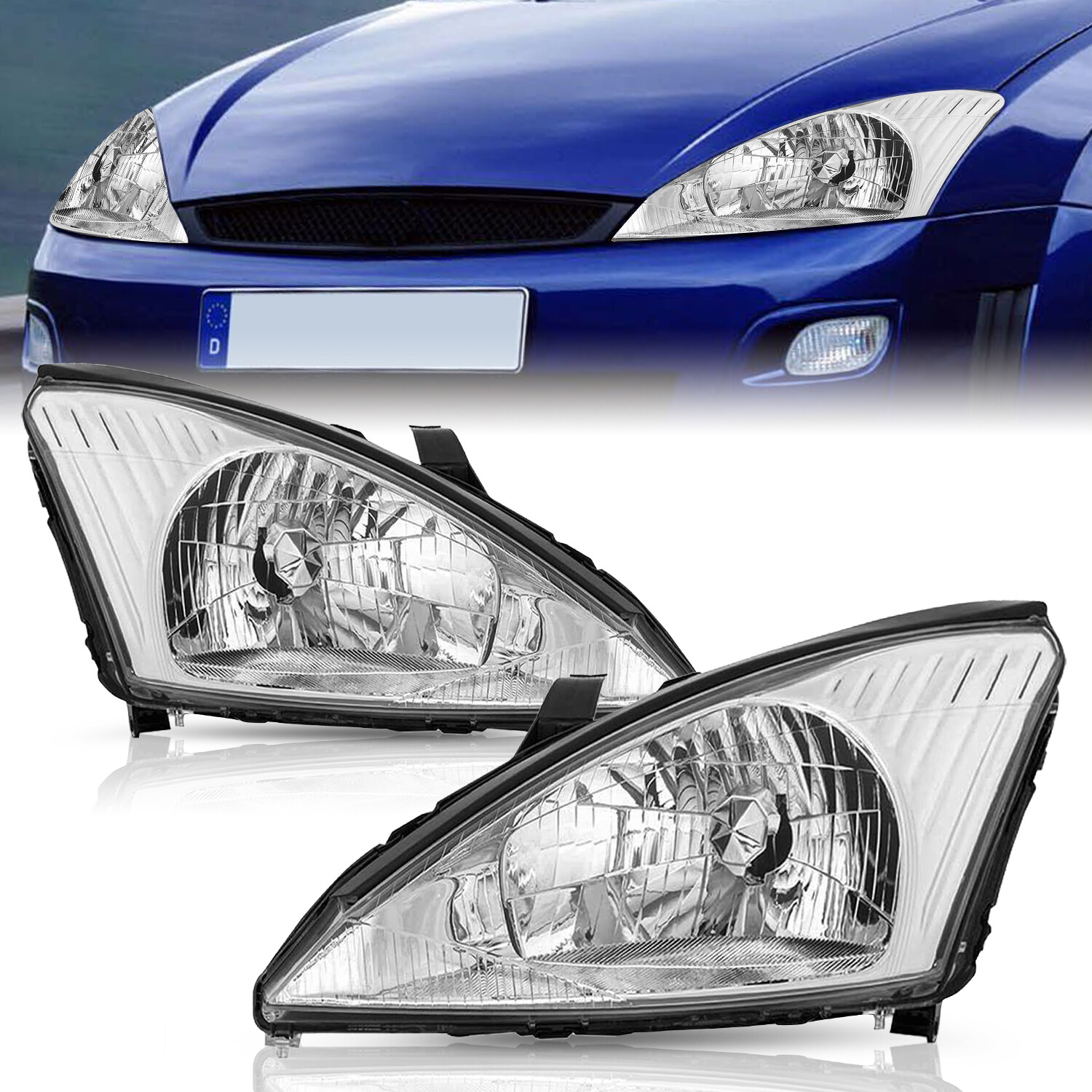 For 2000-2004 Ford Focus OE Style 2Pcs Chrome Clear Headlights Left+Right 00-04 For 2000-2004 Ford Focus OE Style 2Pcs Chrome Clear Headlights Left+Right 00-04