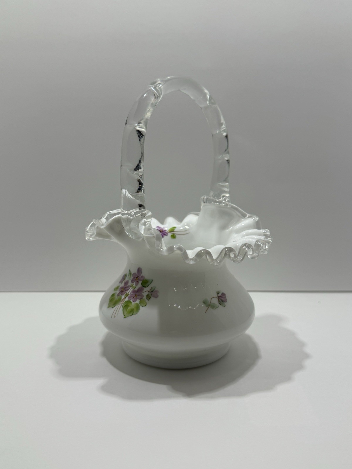 Fenton Milk Glass Basket Hand Painted Violets Ruffled Clear Handle