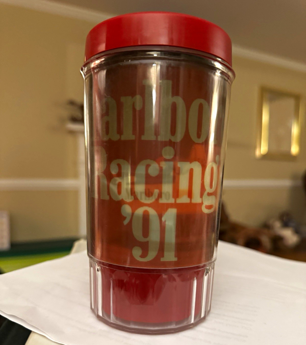 Marlboro Racing ’91 Holographic/Clear/Red Plastic Beer Mug w/Handle Marlboro Racing ’91 Holographic/Clear/Red Plastic Beer Mug w/Handle