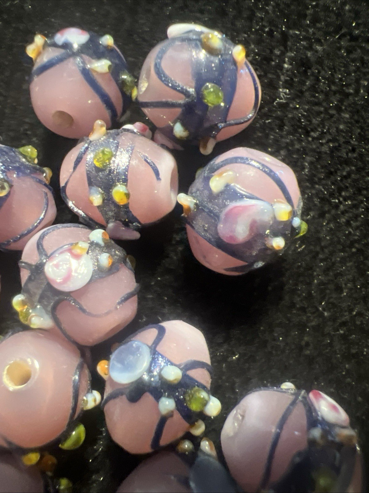 12 NOS Handmade 1990s India Wedding Cake Lampwork Glass Beads Pink Large