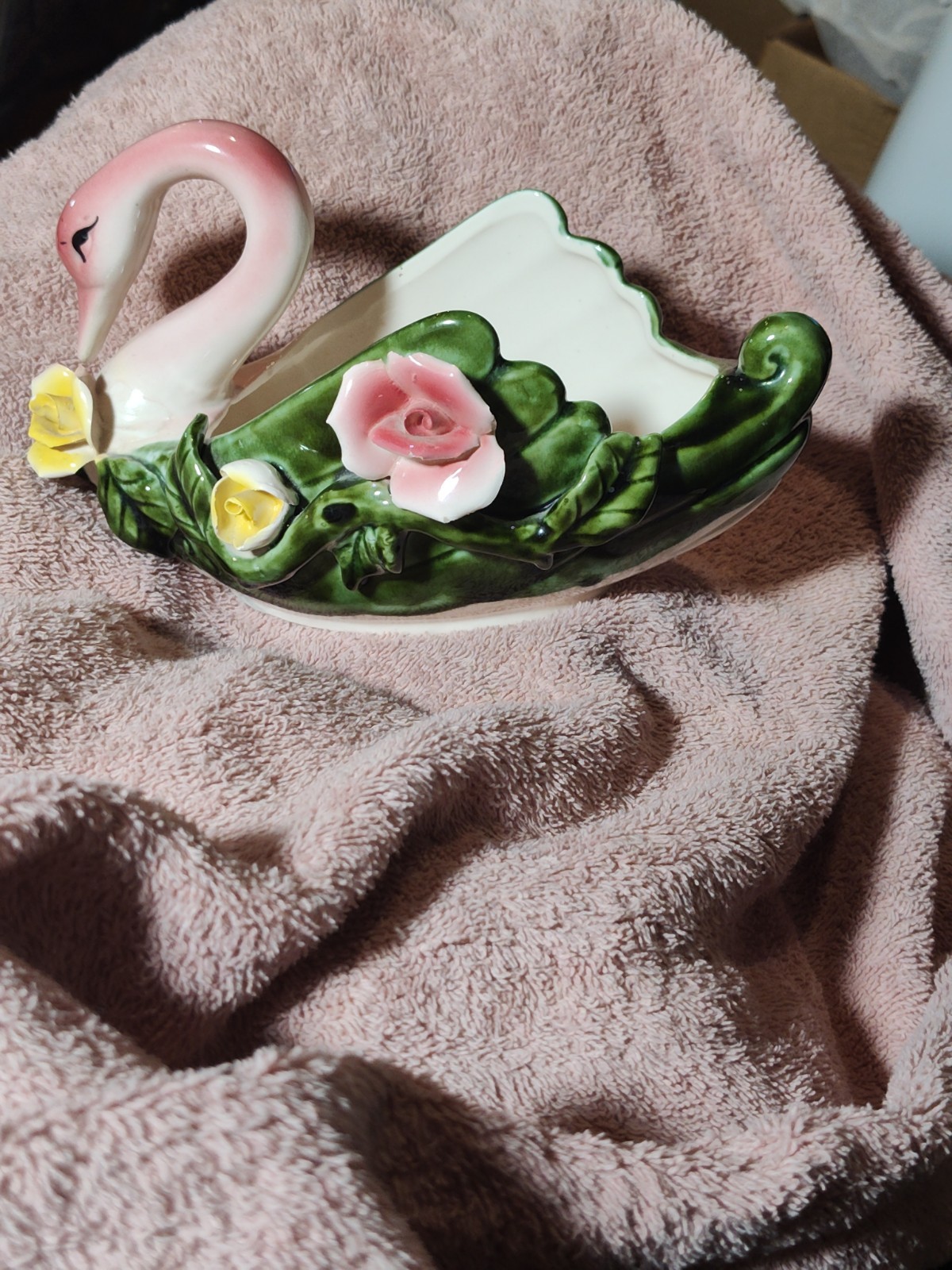 VTG ROYAL SEALY MAJOLICA FIGURAL SWAN PLANTER APPLIED ROSES HAND PAINTED VESSEL