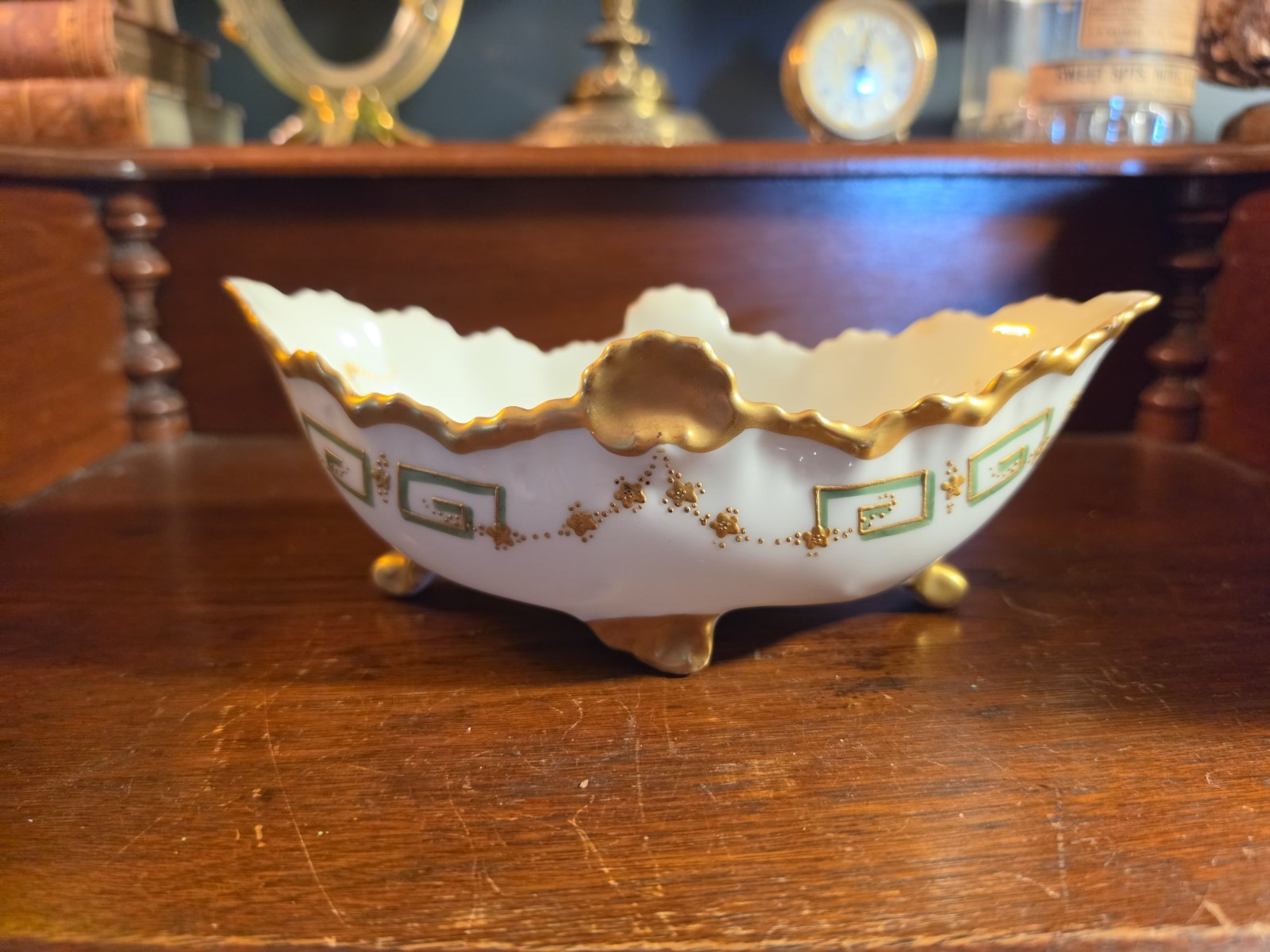 Antique B&H Blakeman Henderson Limoges France Footed Bowl Green Gold c1900 9\ Antique B&H Blakeman Henderson Limoges France Footed Bowl Green Gold c1900 9\
