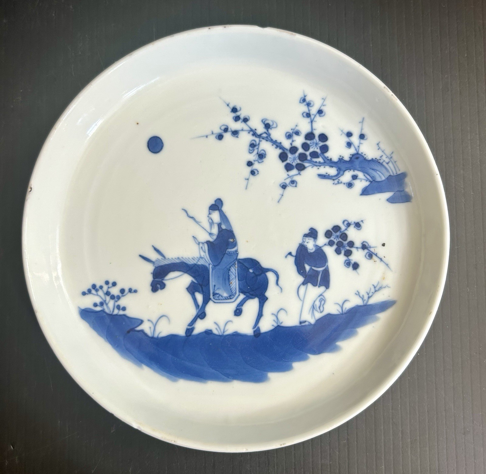 Antique 19th C Chinese Blue & White Porcelain Tea Tray Scholar Subject