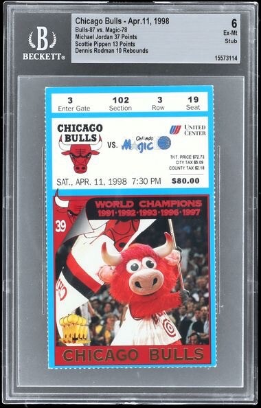 1998 MICHAEL JORDAN 37 POINTS LAST DANCE SEASON TICKET STUB BULLS 4/11/98 BGS 6 1998 MICHAEL JORDAN 37 POINTS LAST DANCE SEASON TICKET STUB BULLS 4/11/98 BGS 6