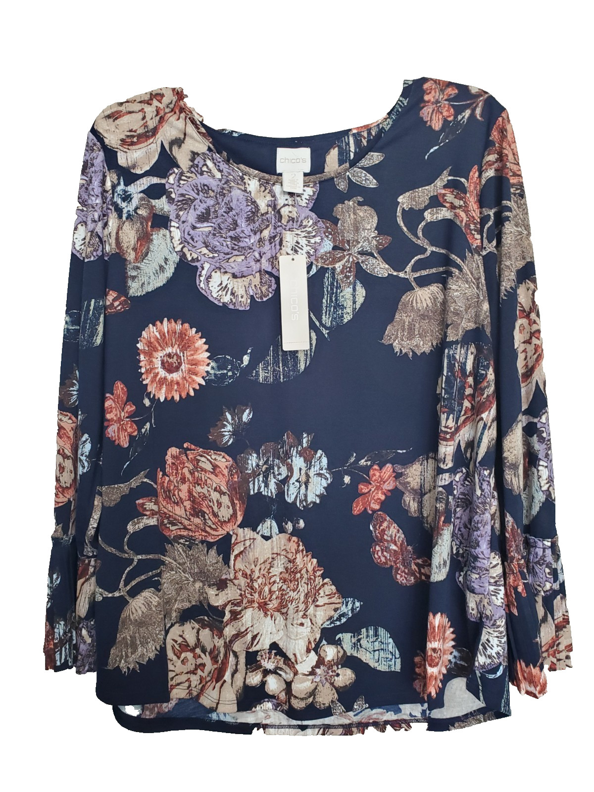 Chico\'s Elegant Floral Pleated Bell Sleeve Knit Blouse Size 2 Large NWT Chico\'s Elegant Floral Pleated Bell Sleeve Knit Blouse Size 2 Large NWT