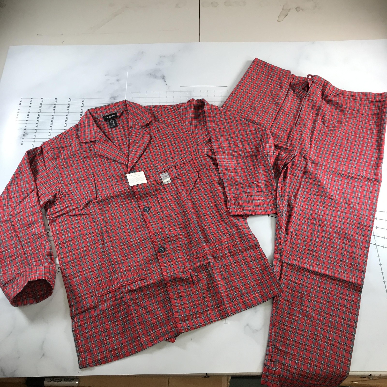 Vintage Christian Dior Pajama Set Mens Large Red Plaid Flannel Nightwear 2 Piece