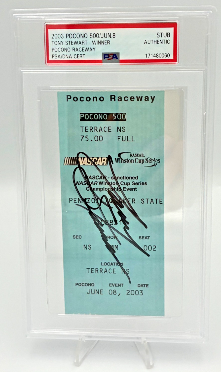 2003 Tony Stewart Signed Pocono 500 Winning Race Ticket PSA/DNA Authentic