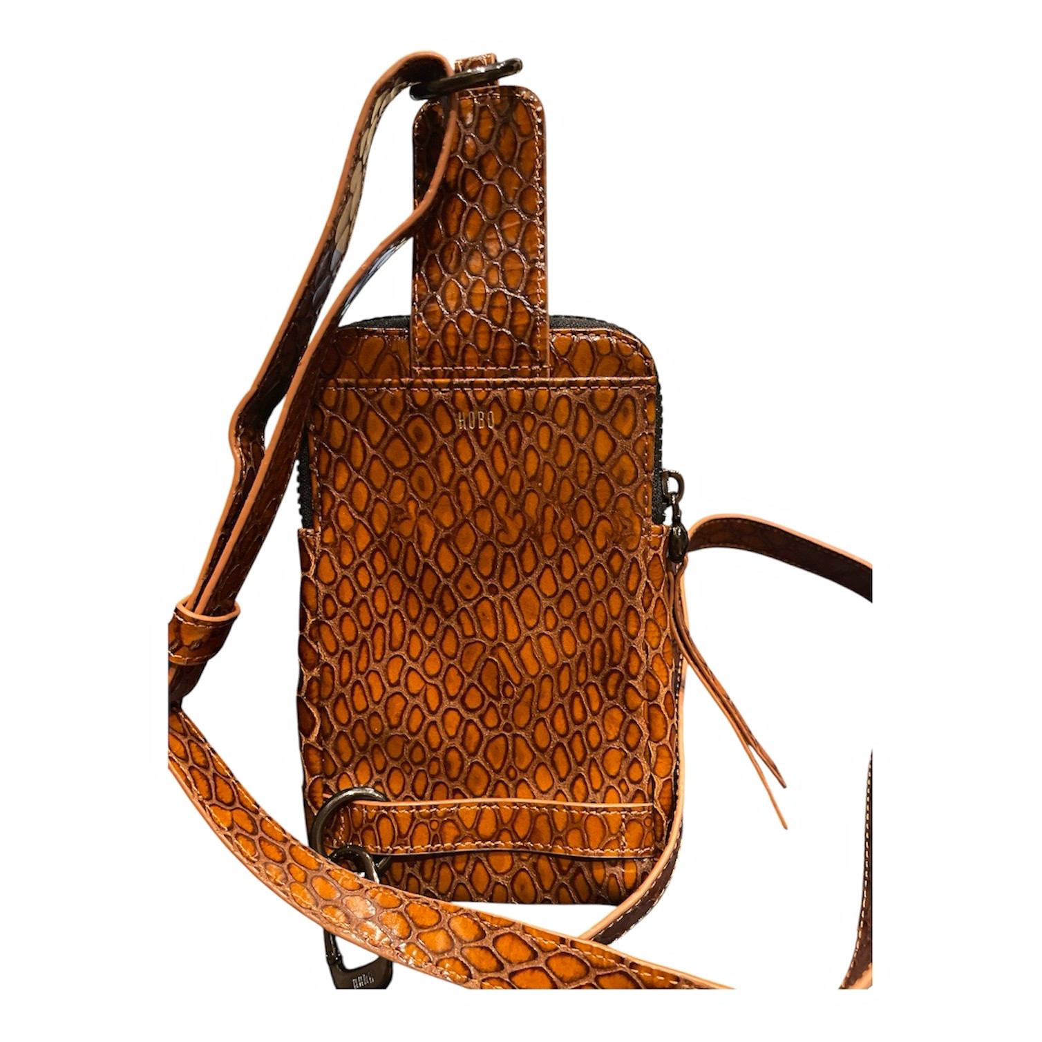 HOBO INTERNATIONAL Brown Embossed Leather Crossbody Phone Bag Detachable Strap