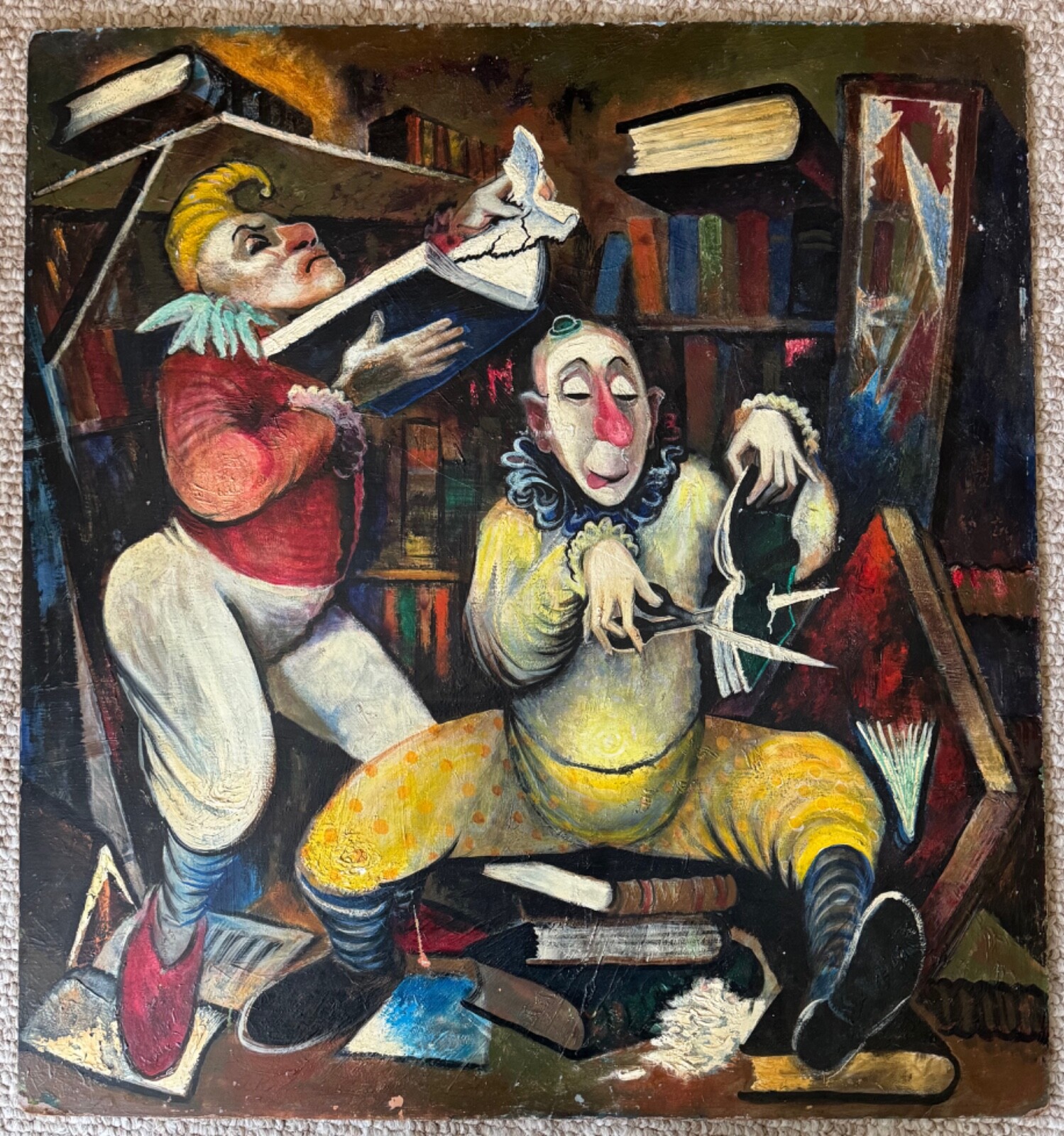 Vintage Clown Library Books Oil Painting Modern Art Wall Hanging Unknown Artist