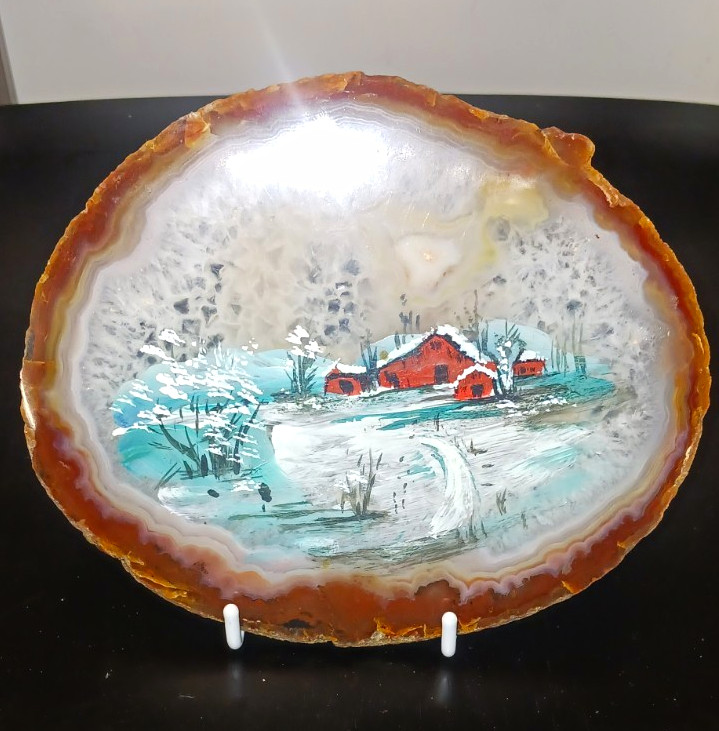 VTG. Hand Painted, Polished Geode Slice. Winter Barn Scene VTG. Hand Painted, Polished Geode Slice. Winter Barn Scene