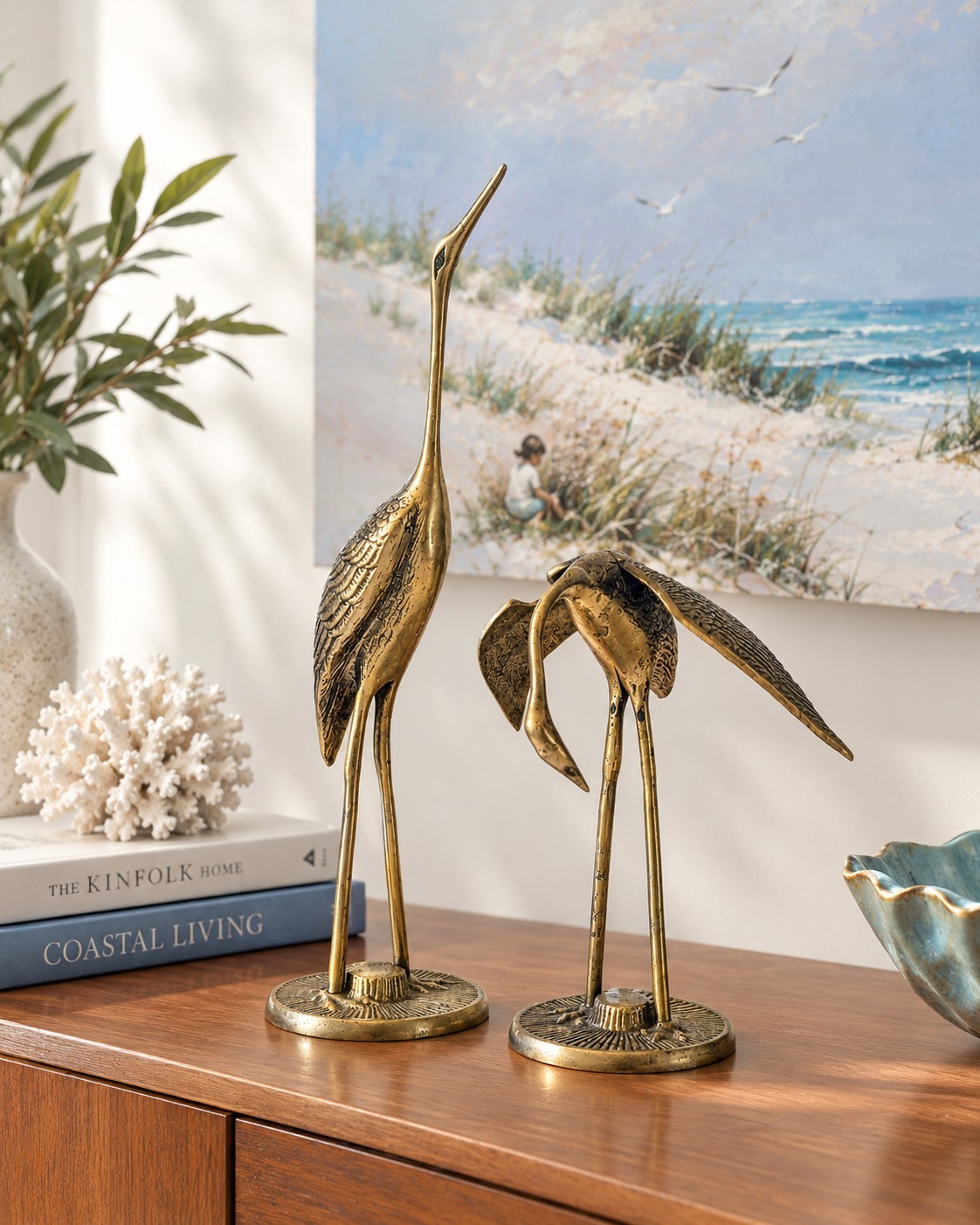 VINTAGE MCM SOLID BRASS CRANE FIGURINES (2) COASTAL/TROPICAL DECOR VINTAGE MCM SOLID BRASS CRANE FIGURINES (2) COASTAL/TROPICAL DECOR