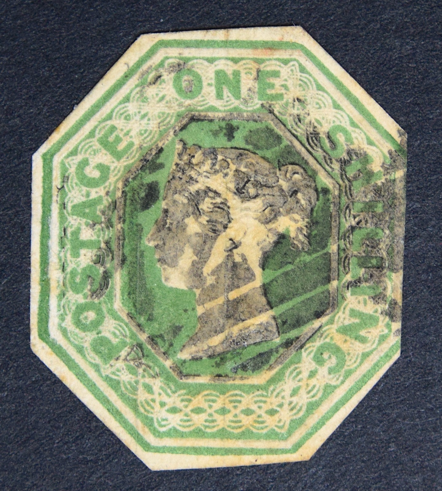 GB SG55 QV 1847 1/- Green, Embossed, Cut to Shape., Used GB SG55 QV 1847 1/- Green, Embossed, Cut to Shape., Used