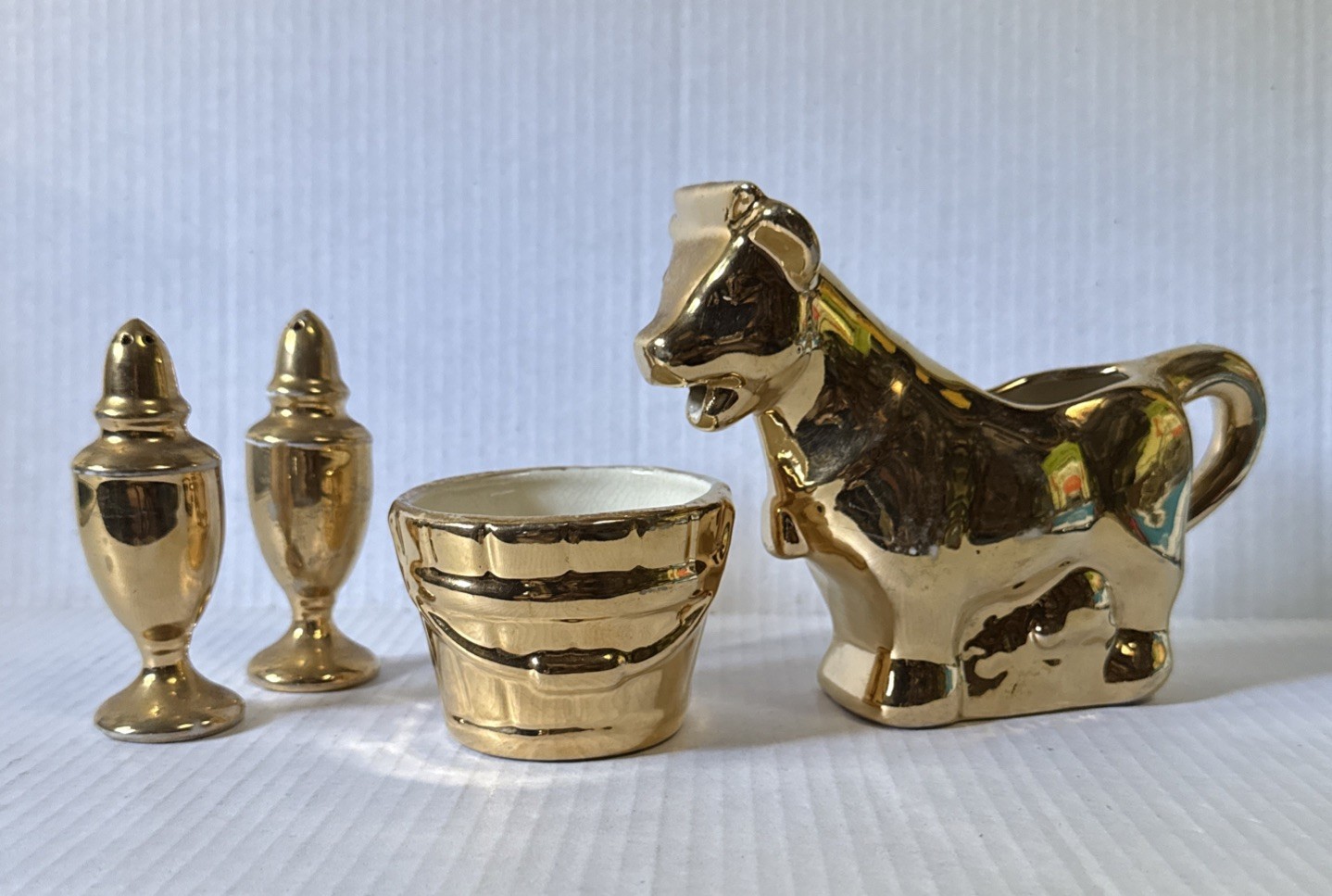 Antique Vintage Warranted 22 Carat Gold Cow Creamer Bucket Salt & Pepper Shakers