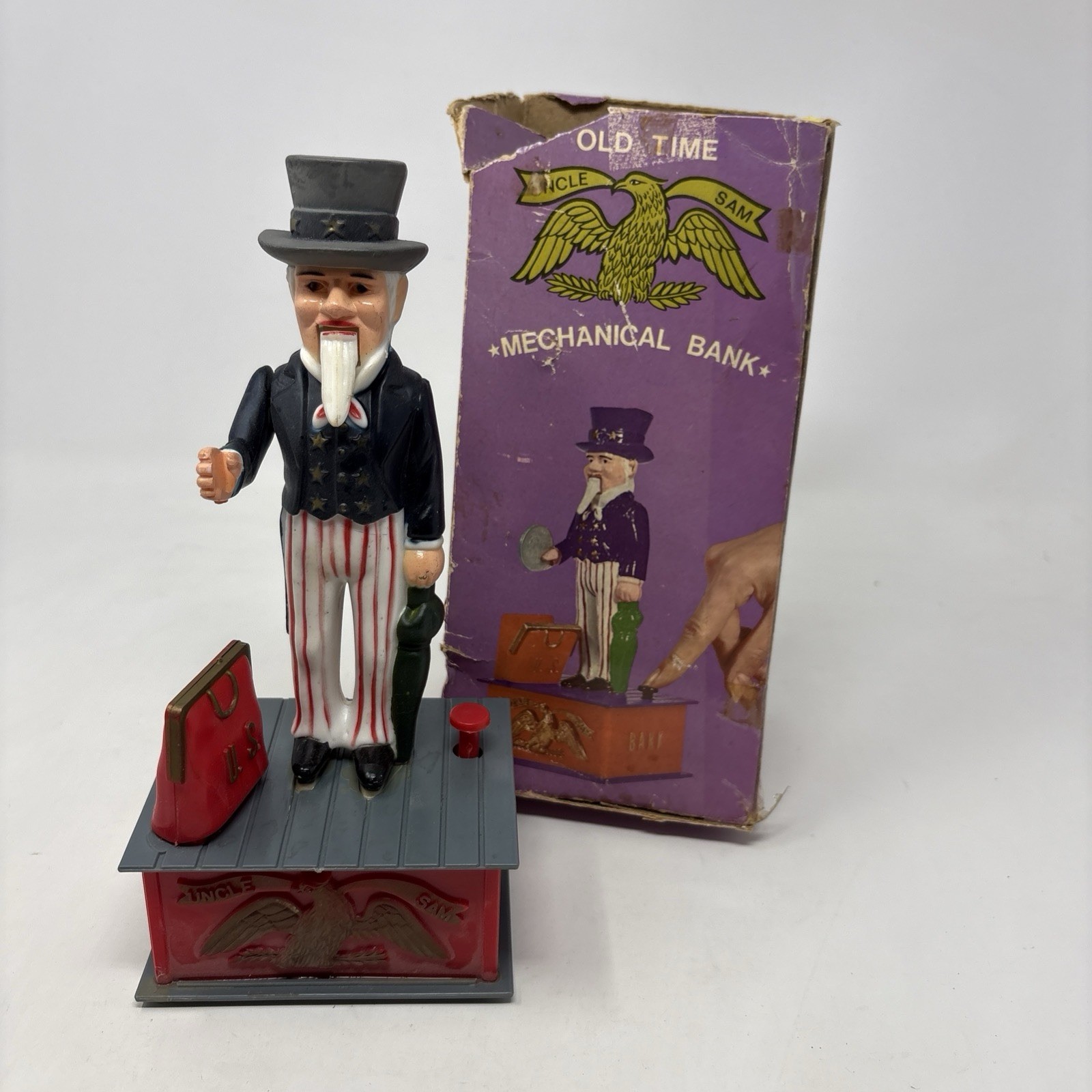 Vtg 1975 Plastic Reproduction Old Time Uncle Sam Mechanical Bank, Original Box Vtg 1975 Plastic Reproduction Old Time Uncle Sam Mechanical Bank, Original Box