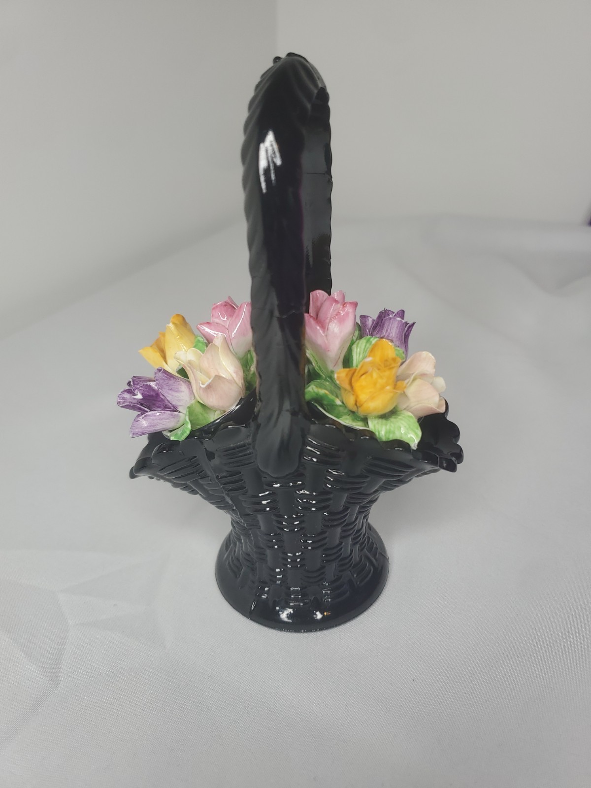 2 Vtg Coalport Bone China Flowers Bouquet w/ Dugan Black Amythest Basket READ 2 Vtg Coalport Bone China Flowers Bouquet w/ Dugan Black Amythest Basket READ