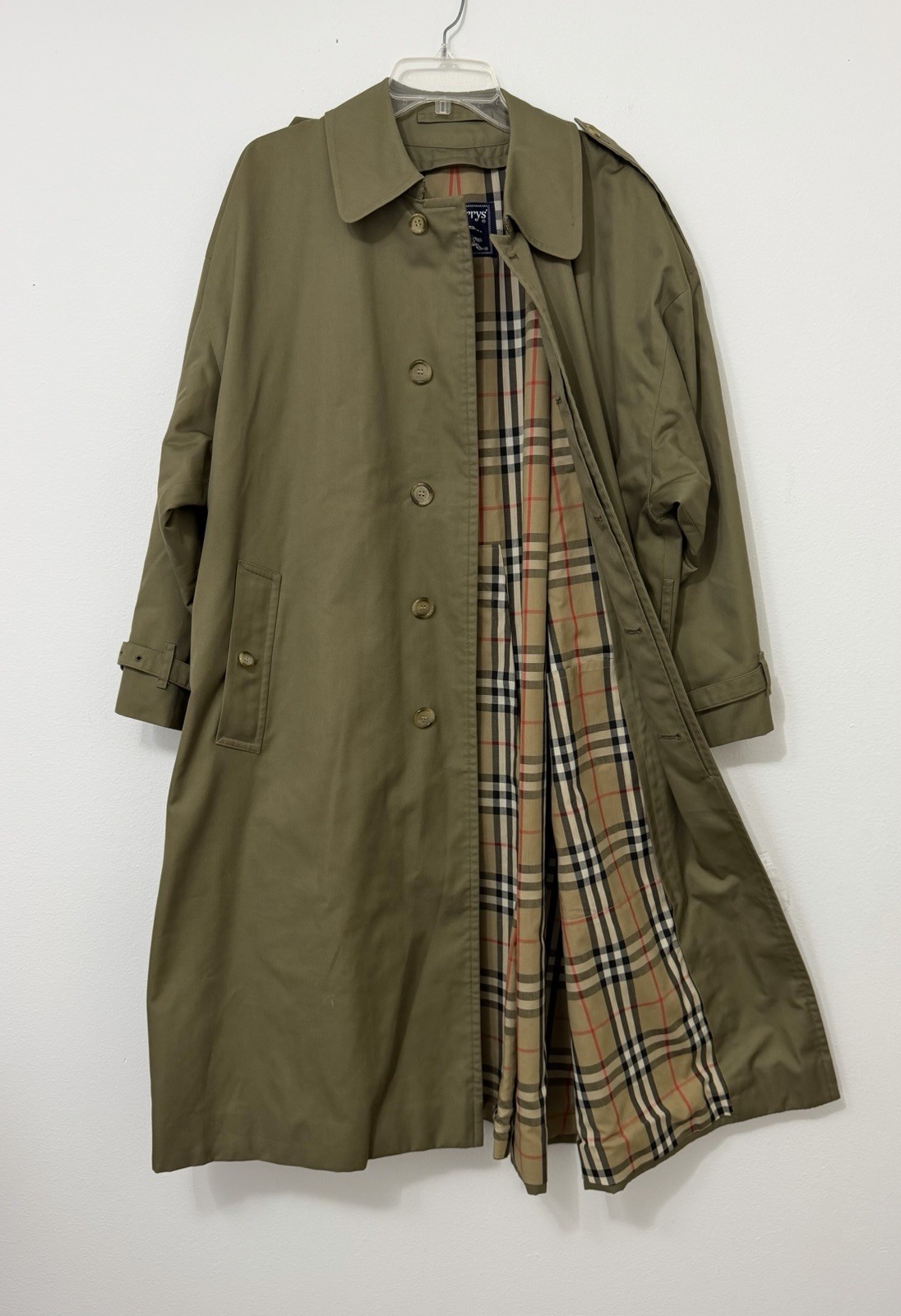 Vintage Burberry Coat Mens XL Green Long Trench Wool Liner Nova Check Plaid