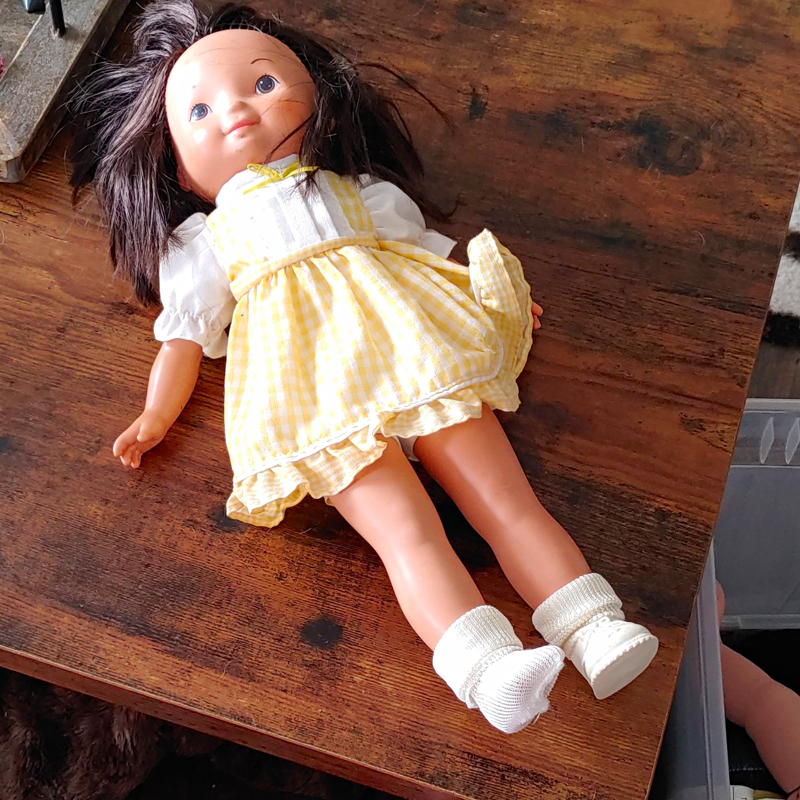 Vintage 1978 Fisher-Price Doll Yellow Gingham Dress Brown Hair  Socks & 1 Shoe.