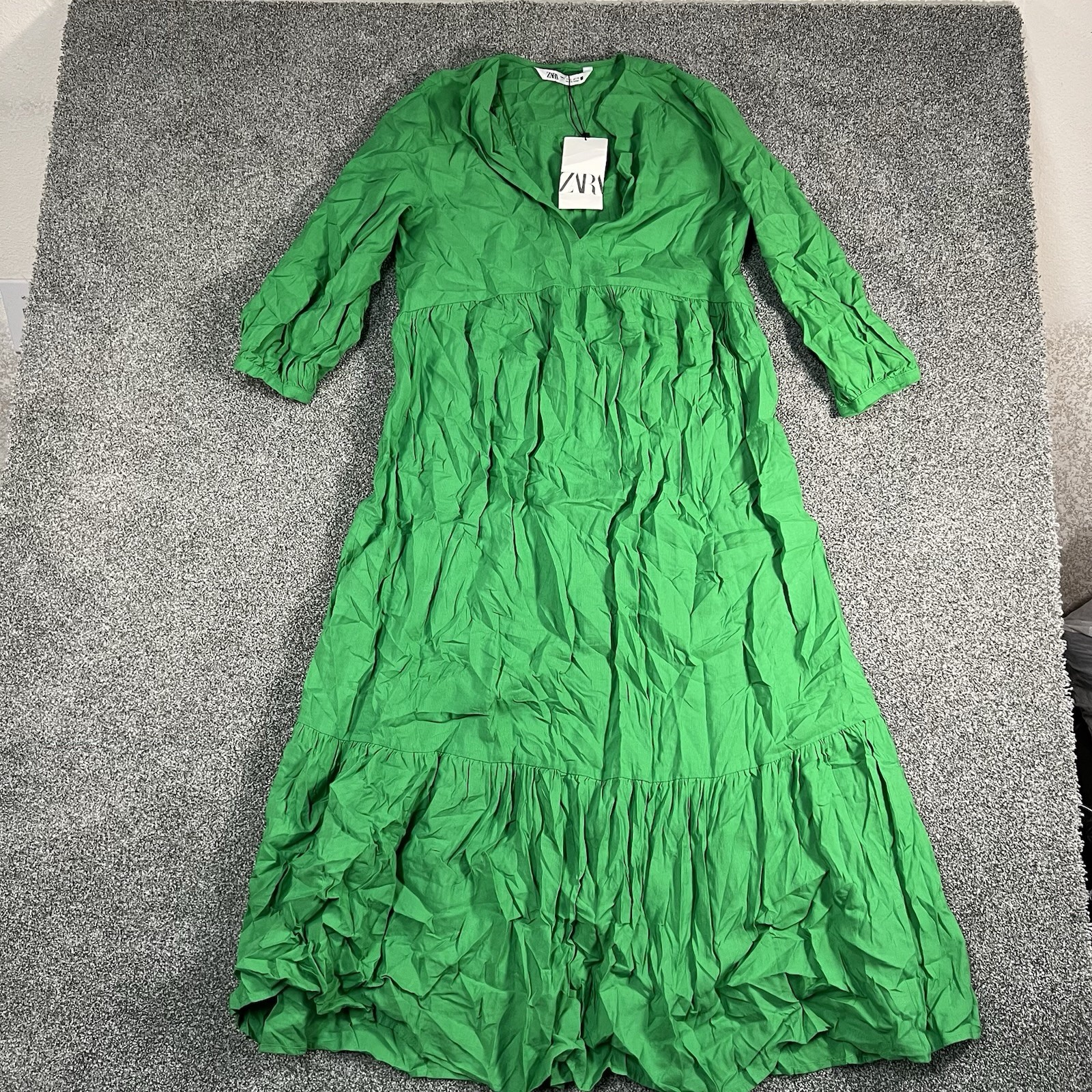 Zara Womens L Green Maxi Dress NWT V Neck Tiered 3/4 Sleeve Boho 2298/159/500