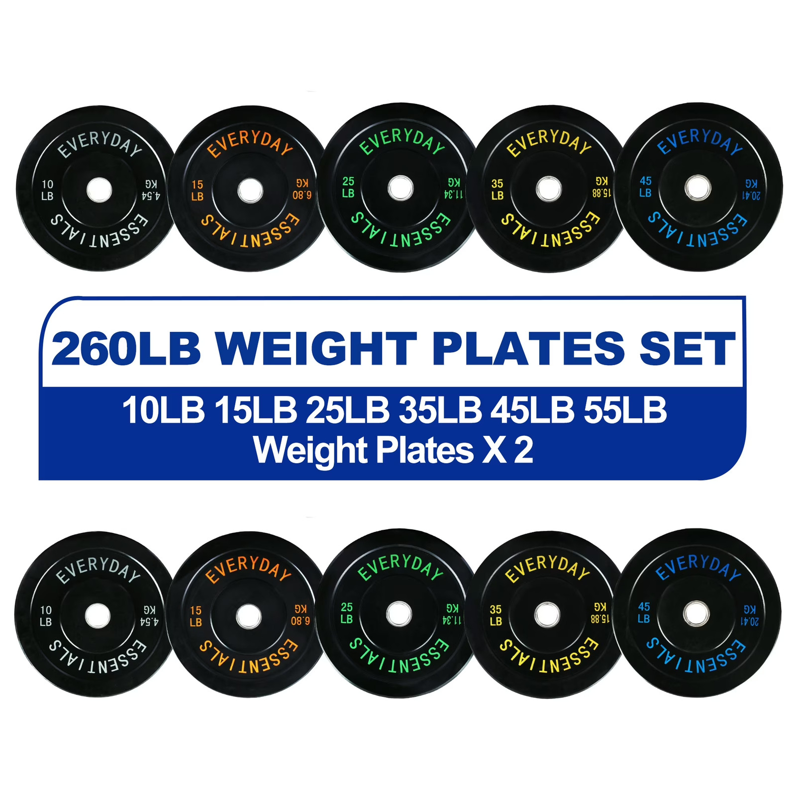 Olympic Bumper Plate Weight Lifting Set 260 Lbs Set Steel Hub Black Home Gym