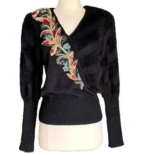 Vtg  Black Beaded V-neck Sweater Juliet Sleeve Shoulder Pads S