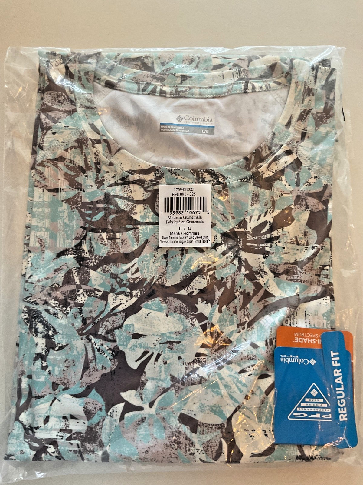 NWT COLUMBIA PFG Super Terminal Tackle Men\'s Lg Blue Camo Scale LS shirt FM1091