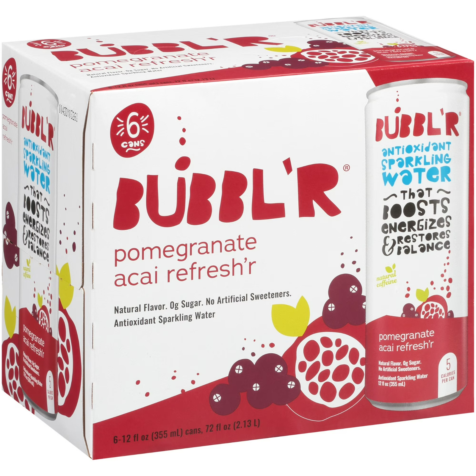 BUBBL\'R Antioxidant Sparkling Water, Pomegranate Acai Refresh\'r, 12 fl oz, 6 Pac