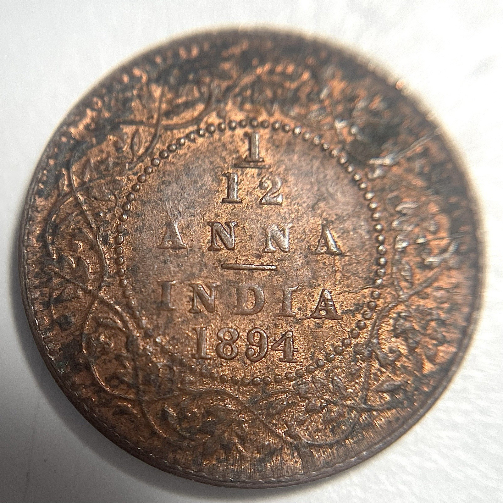 1894 India 1/12 Anna Coin Uncirculated Details Red Brown Color World Coin - RW55