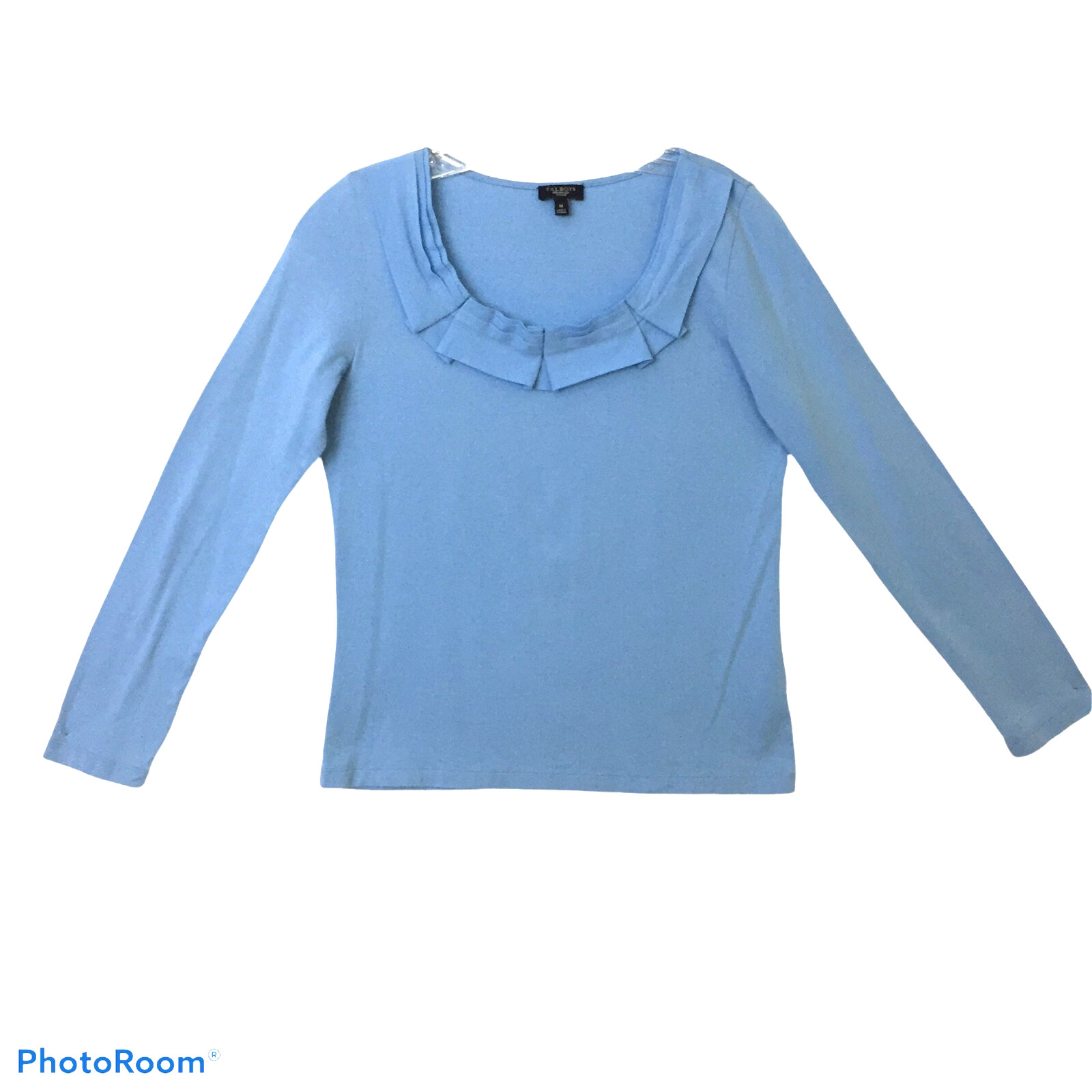 TALBOTS Womens M Blue Pima Cotton Blnd Long Sleeve T- Shirt Top Ruffle Neckline TALBOTS Womens M Blue Pima Cotton Blnd Long Sleeve T- Shirt Top Ruffle Neckline
