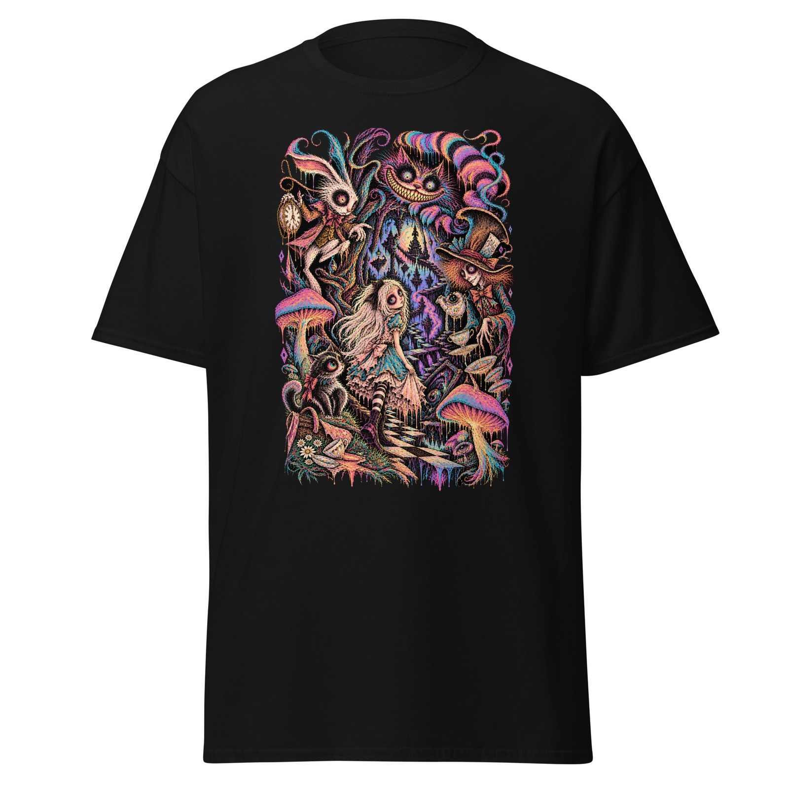 Alice in Wonderland Cheshire Cat Mad Hatter White Rabbit Graphic T-Shirt