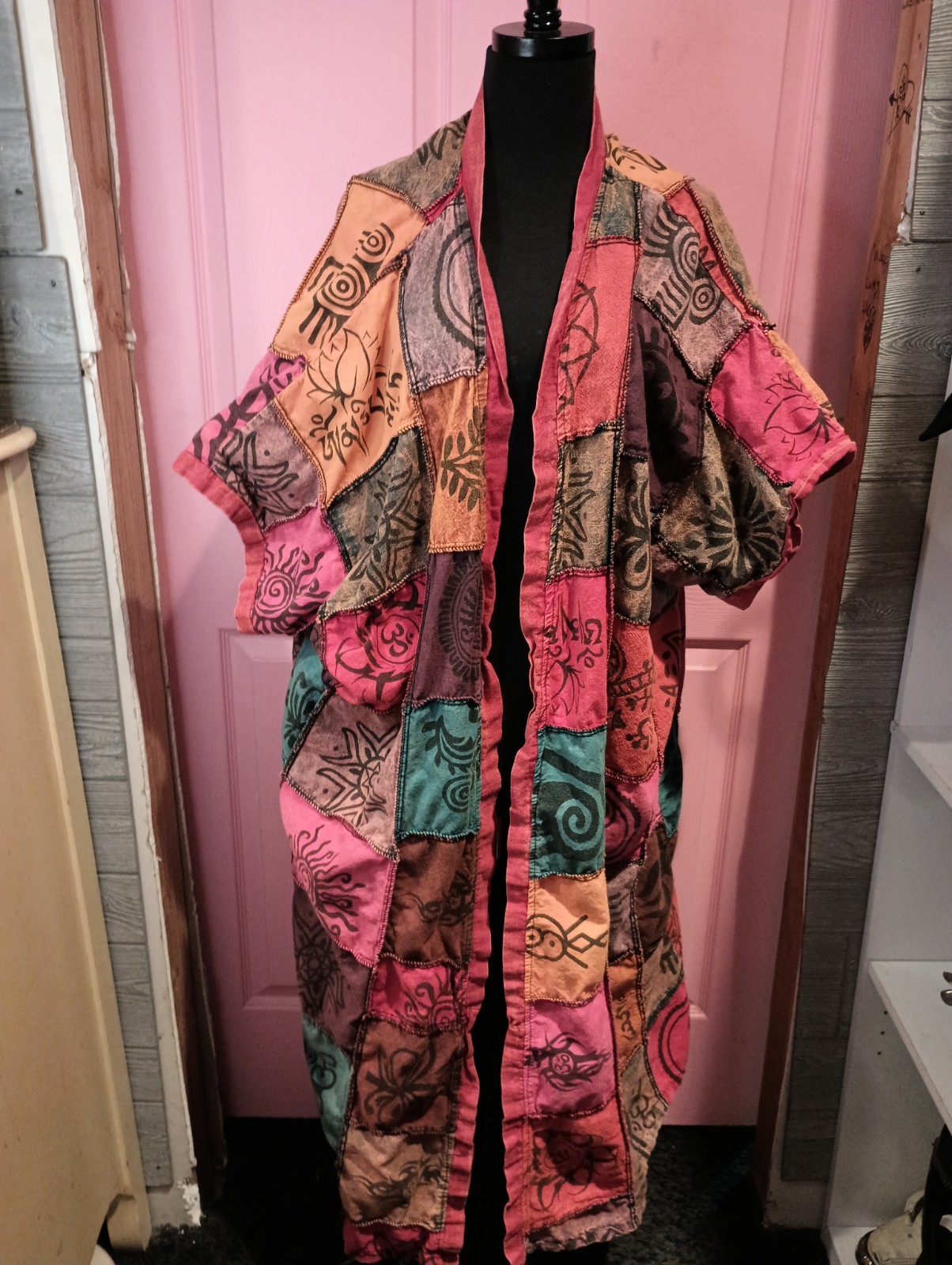 100% Cotton Patchwork Kimono Duster Boho Hippie Open Front Long Jacket One size