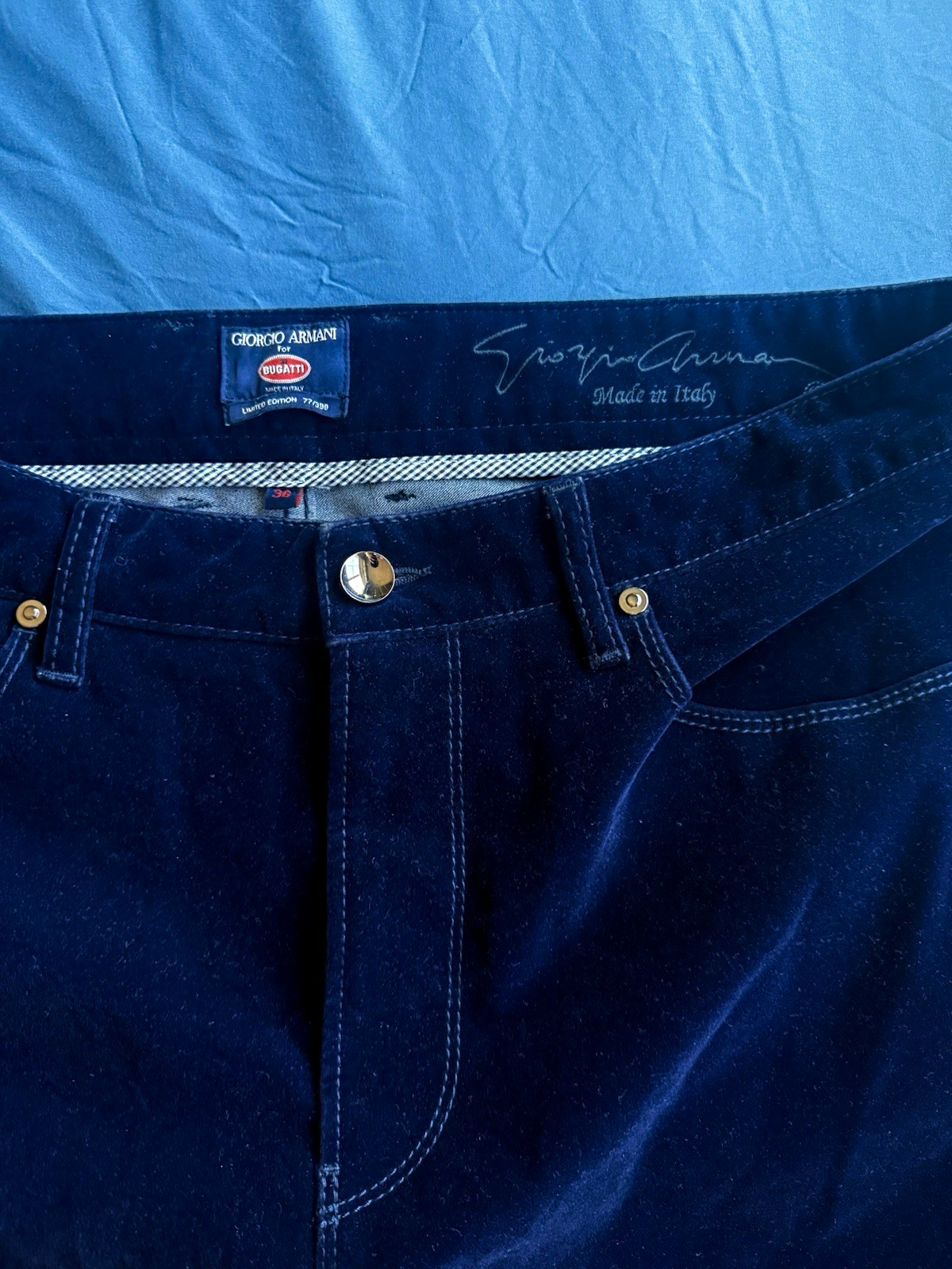 AUTHENTIC  Giorgio Armani x Bugatti Men’s Navy Velvet Pants — Limited Edition