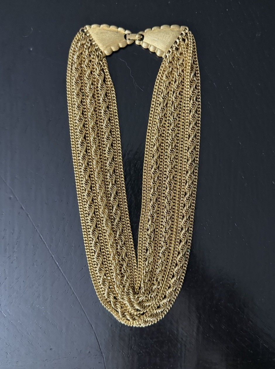 Vintage Monet 7 Strand Gold Tone Bib Necklace Curb Rope Chain Signed