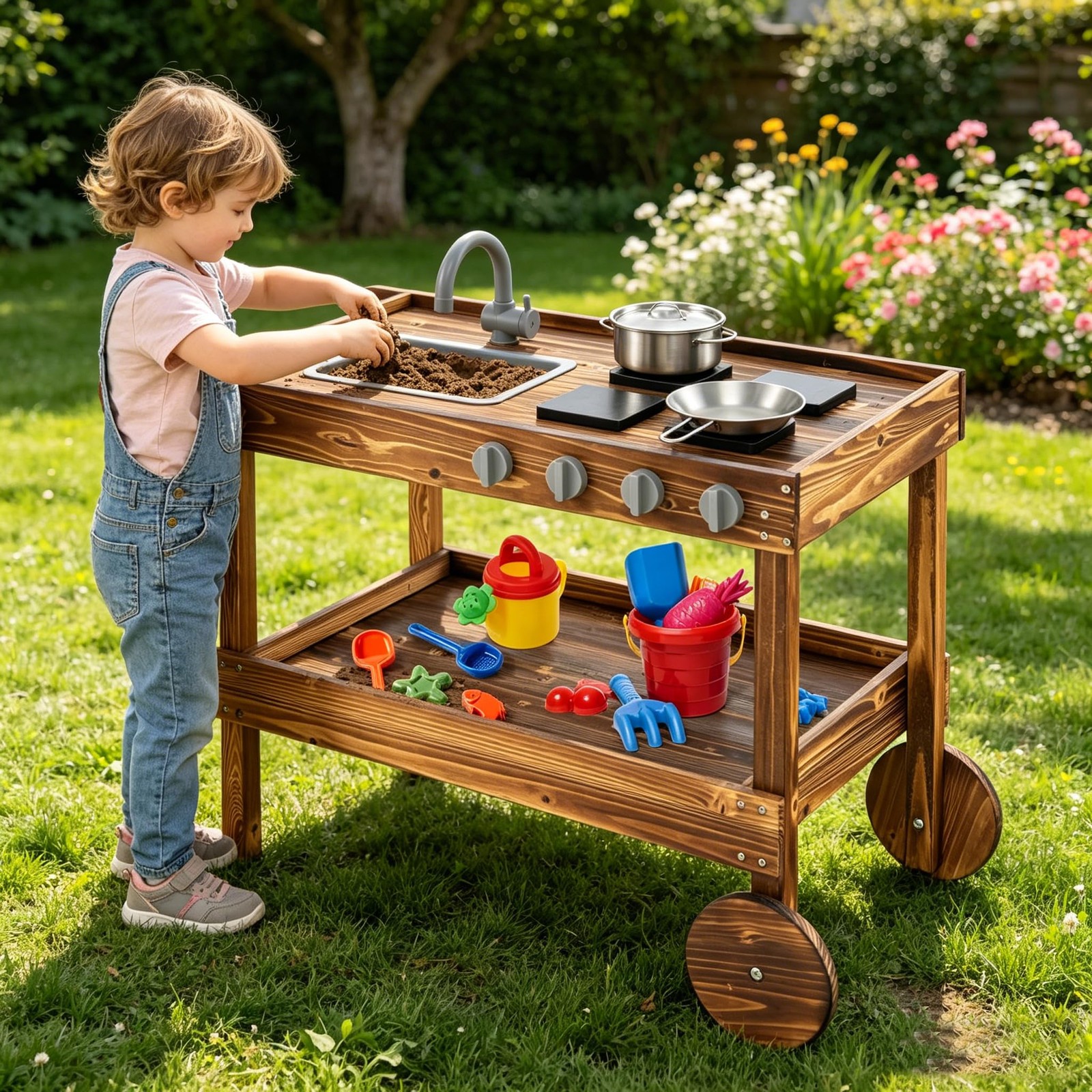 Honey Joy HJ-2310-CA Mud Kitchen with Wheels Fir Wood Outdoor Play Kitchen