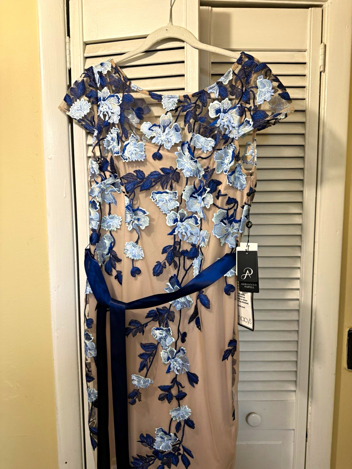 Adrianna Papell Nude/Blue Floral Embroidered Mesh Sheath V-Neck Dress 8 Zip Adrianna Papell Nude/Blue Floral Embroidered Mesh Sheath V-Neck Dress 8 Zip