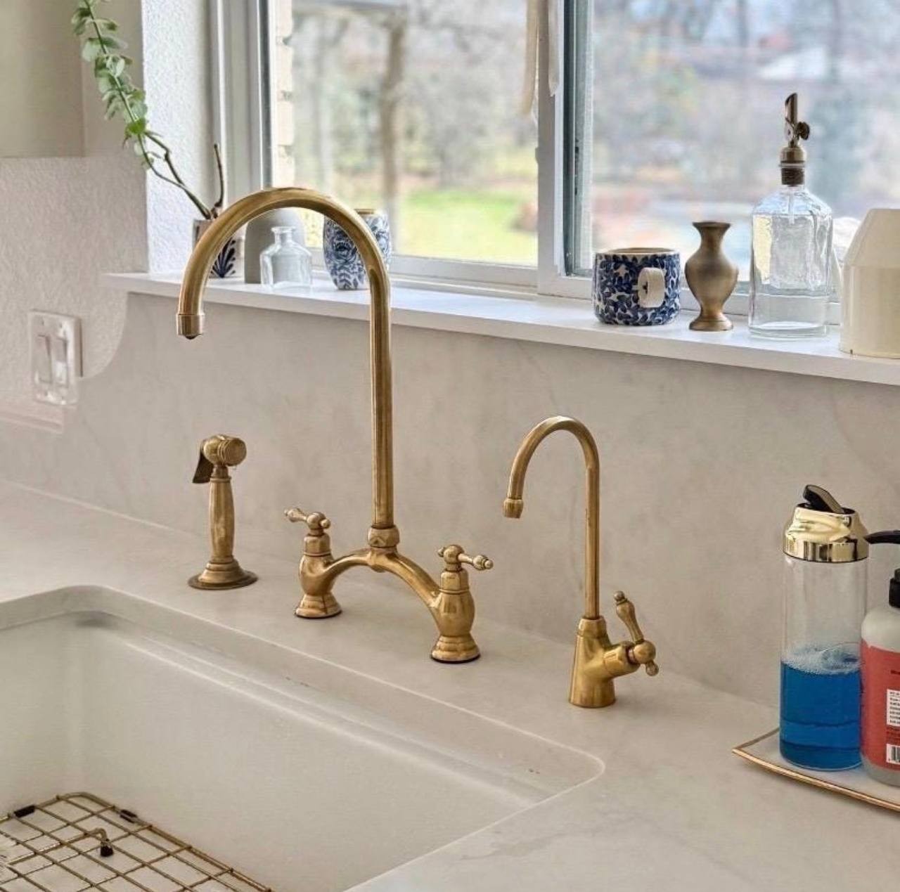 Vintage Victorian Brass Bridge Faucet, Kitchen Sink Unlacquered Brass Faucet