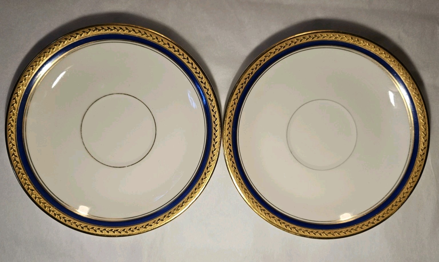 Pair of Vignaud Limoges Demitasse Saucers, 4 5/8 inch, Cobalt Blue Gold Seville Pair of Vignaud Limoges Demitasse Saucers, 4 5/8 inch, Cobalt Blue Gold Seville