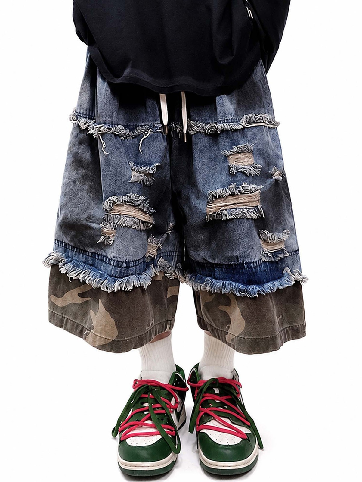 Niepce Japanese Streetwear Hip Hop Ripped Patch Camo Hem Baggy Denim Shorts Niepce Japanese Streetwear Hip Hop Ripped Patch Camo Hem Baggy Denim Shorts