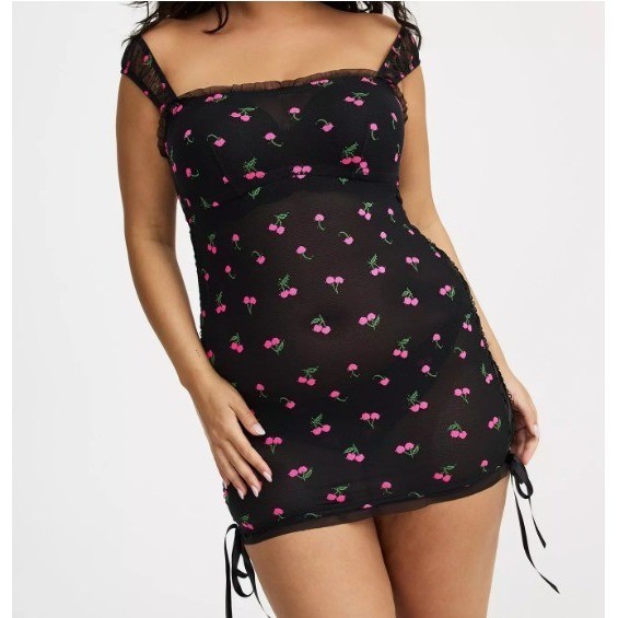 Torrid Cherry Lace Off Shoulder No Wire Chemise Black Pink Mesh Size 1X