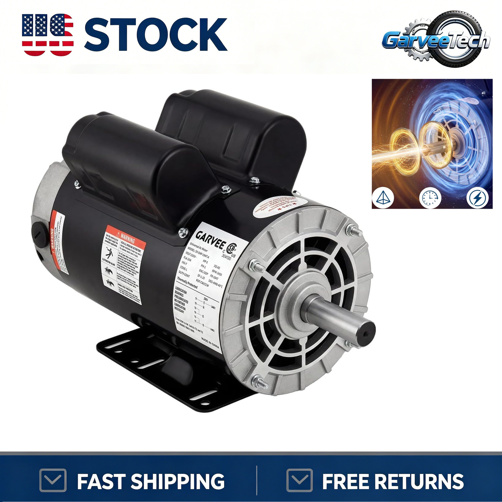 5HP SPL Air Compressor Motor 230V 3450RPM 56 Frame 5/8