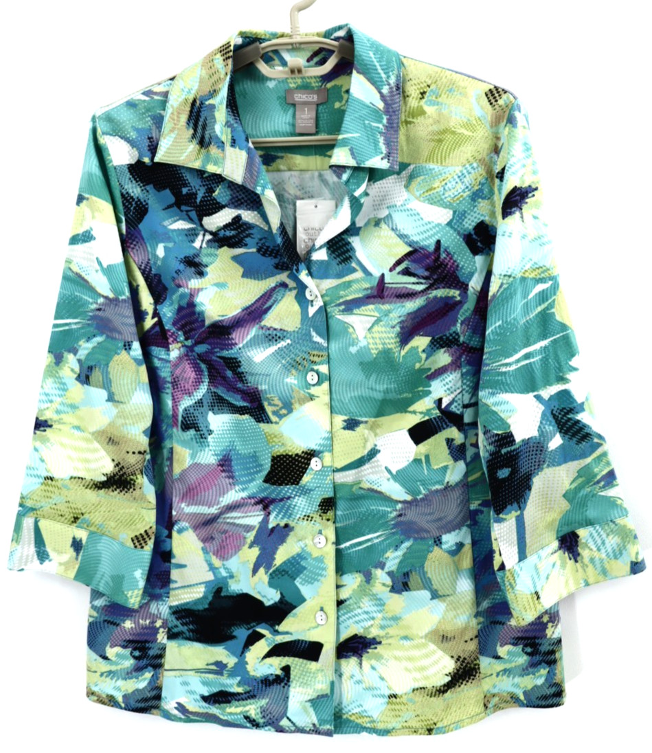 NWT CHICO\'S Women\'s Cotton Blouse 3/4 Sleeve Abstract Floral Multicolor 1 S M
