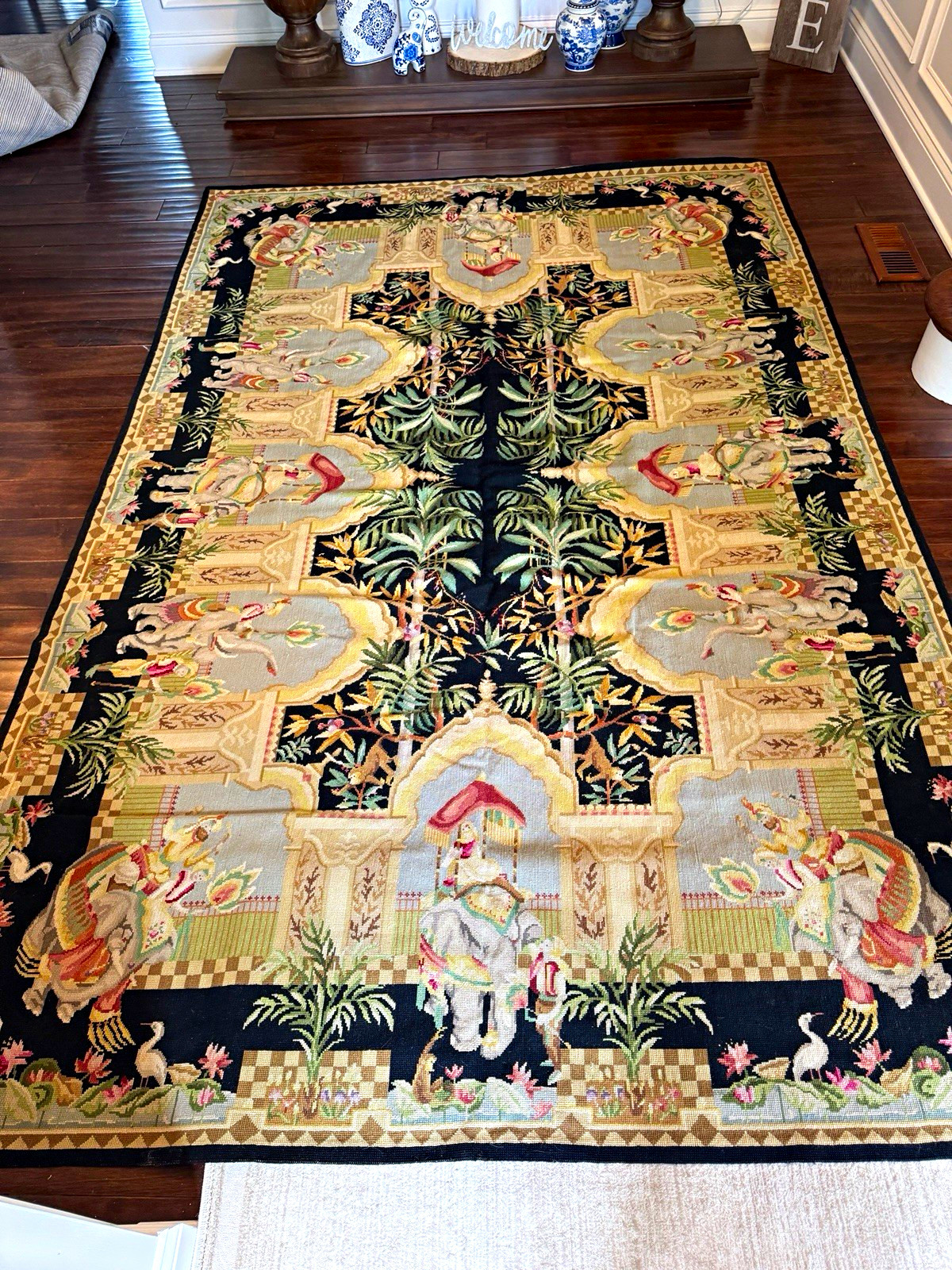 Vintage Aubusson style Needlepoint Rug Chinoiserie Elephant Monkey 70\