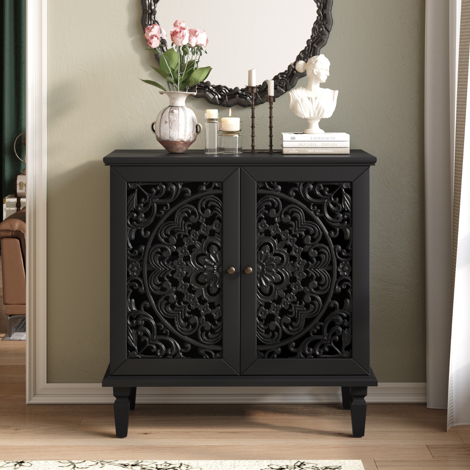 Sturdy Vintage Hollow-Carved Accent Cabinet,2-Door Display Storage Sideboard