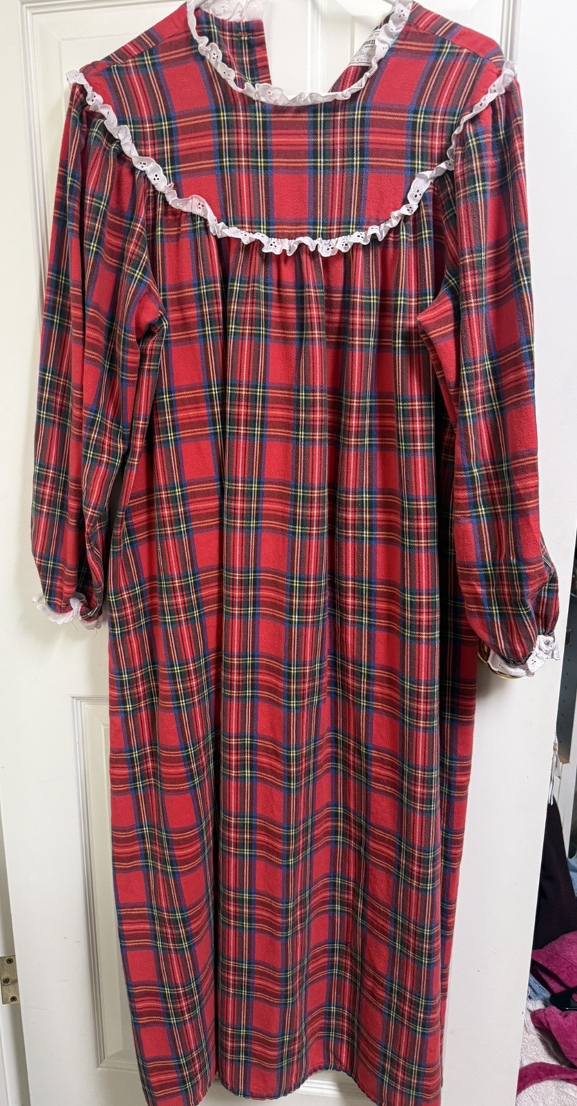 Vintage L. L. Bean Lanz Tartan Plaid Flannel Nightgown Small Lace Granny 