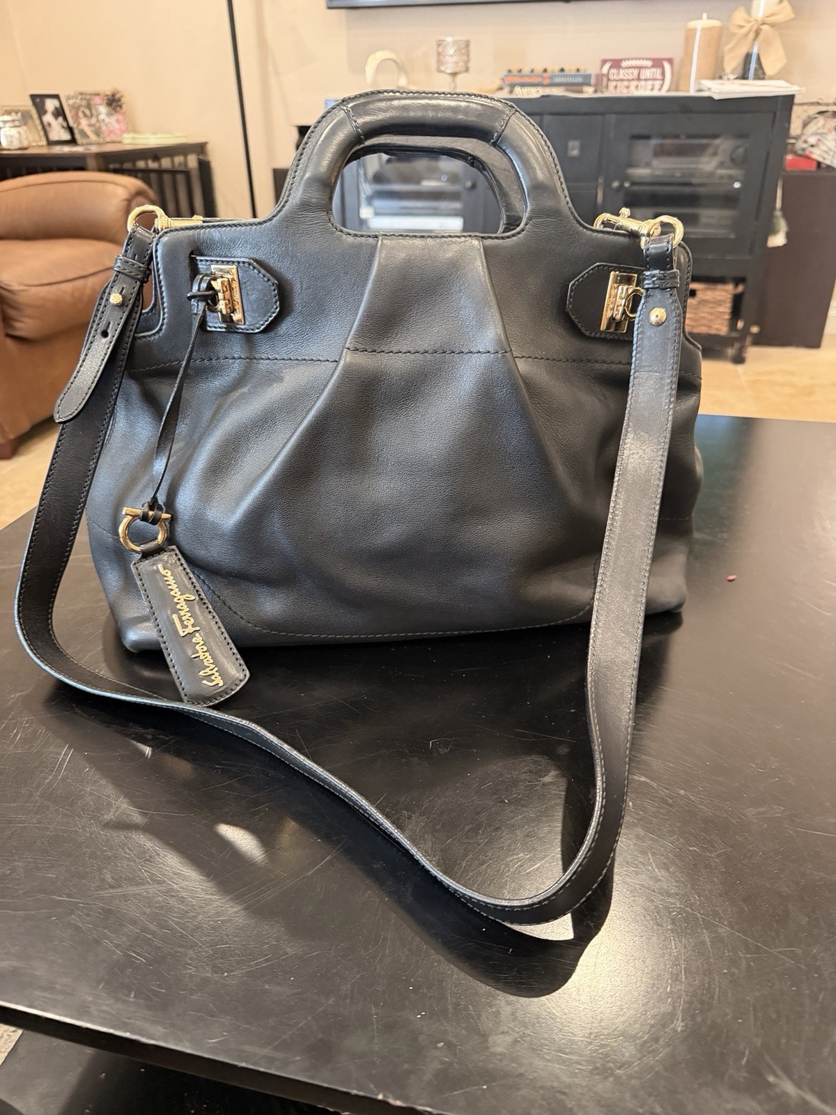 Salvatore Ferragamo Top Handle Tote Gancini Gold Hardware With Strap