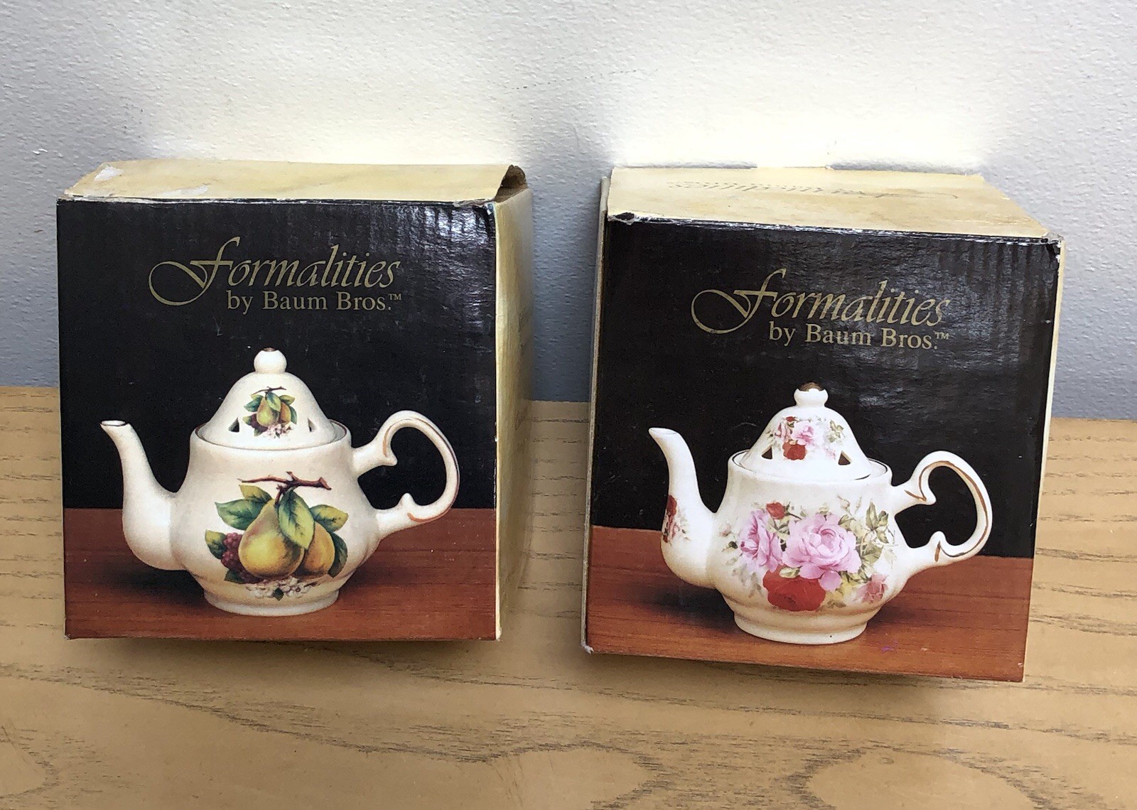 Formalities by Baum Bros. ( 2)  Porcelain Victorian Rose & Fruit Mini Teapots