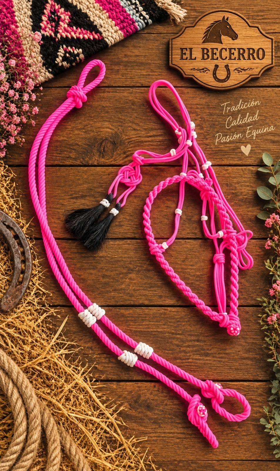 Bosal/Riendas Rosa Blanco Charras C/Cerdas Pink/White Horse Halter w/ Lead Rope