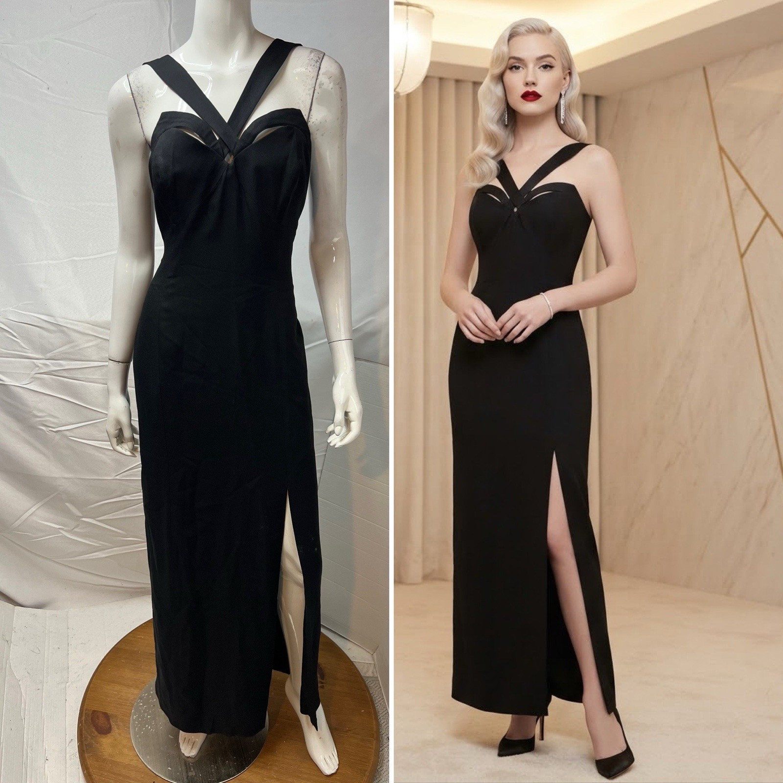 Vintage En Francais Women’s USA 12 Long Black Old Hollywood Glamour Dress Gown