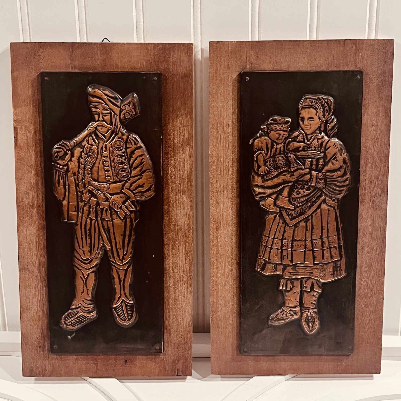 Vtg Primitive Flemish Folk Copper Repousse Wood Wall Plaques SET Shepherd Mother