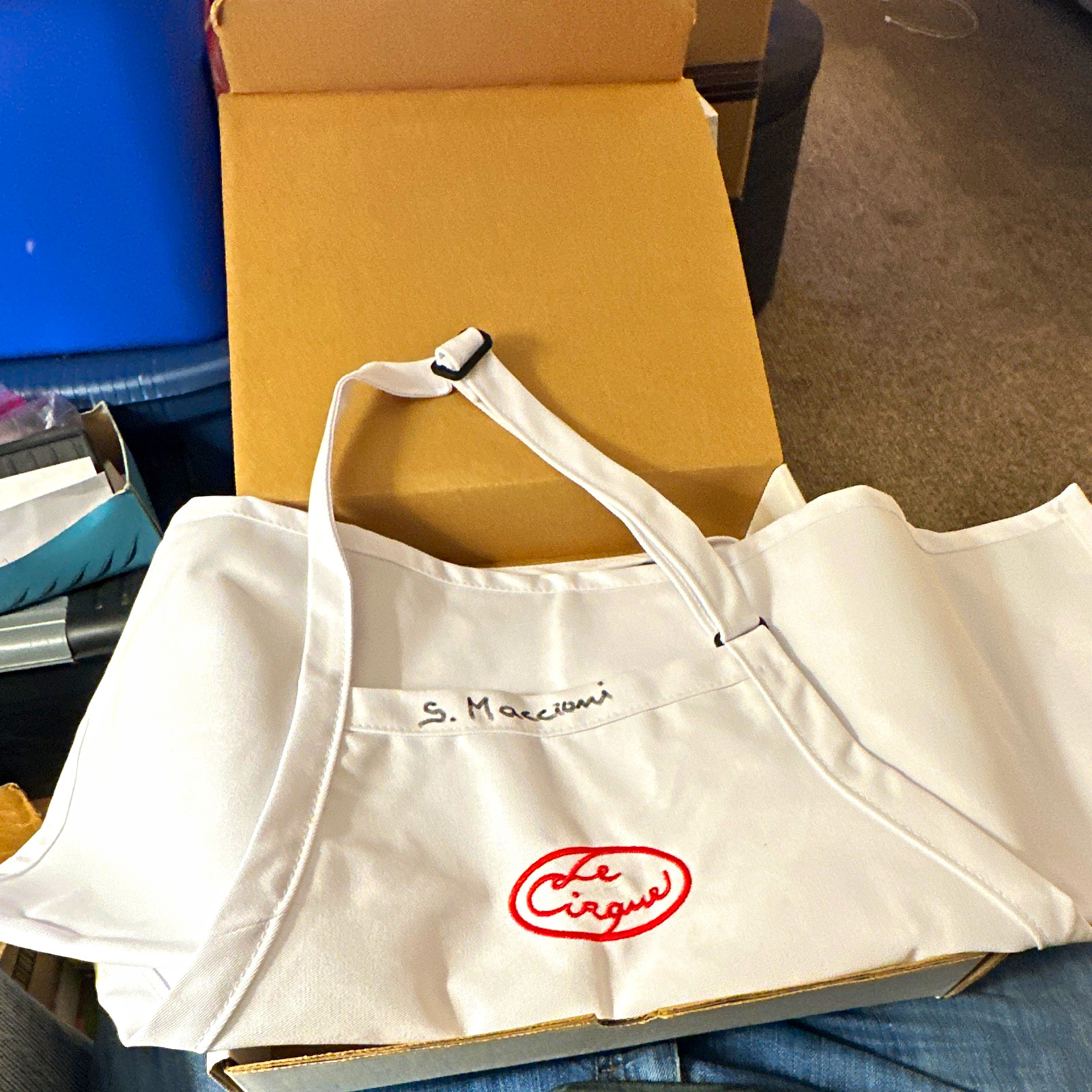 Original, vintage Le Cirque chef's apron featuring Sirio Maccioni's signature